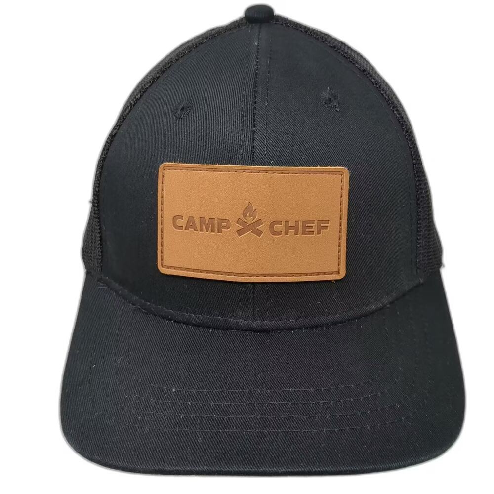 Camp Chef Black Trucker Hat Brown Leather Patch One Size Mesh Back Adjustable